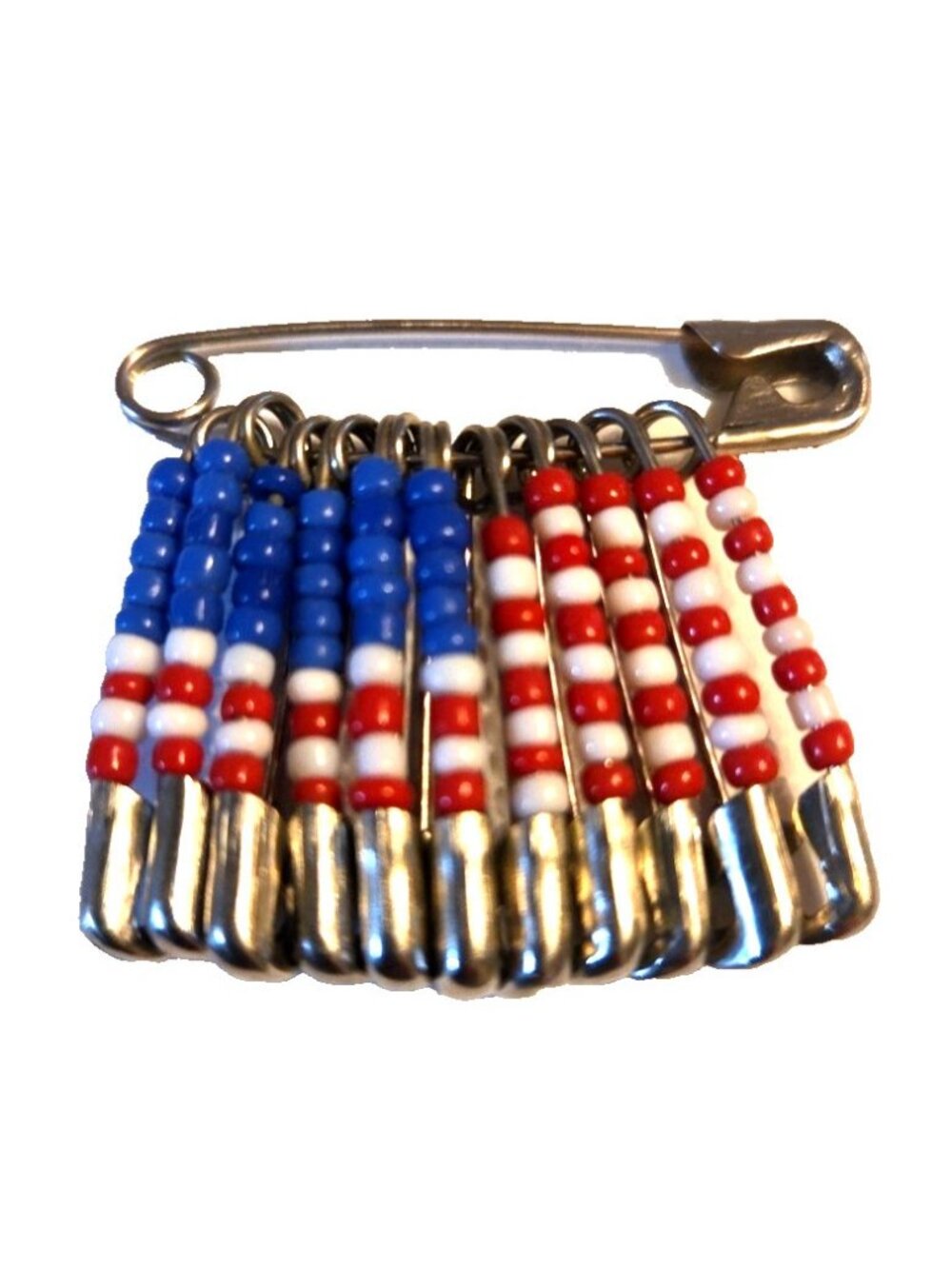 American Flag Pin Safety Pins and Beads Handmade Brooch Patriotic Red White Blue